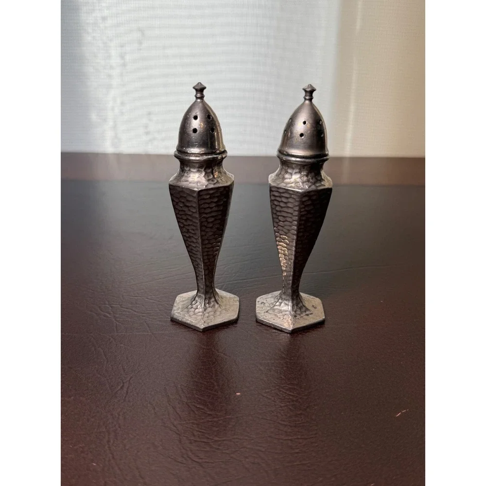 Vintage Hammered Pewter Salt and Pepper Shakers Art Deco Hexagonal Base Set